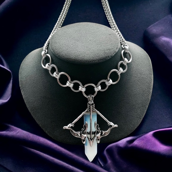 Maille links stainless steel necklace bow & arrow purple opalite stone charm - Picture 2 of 11